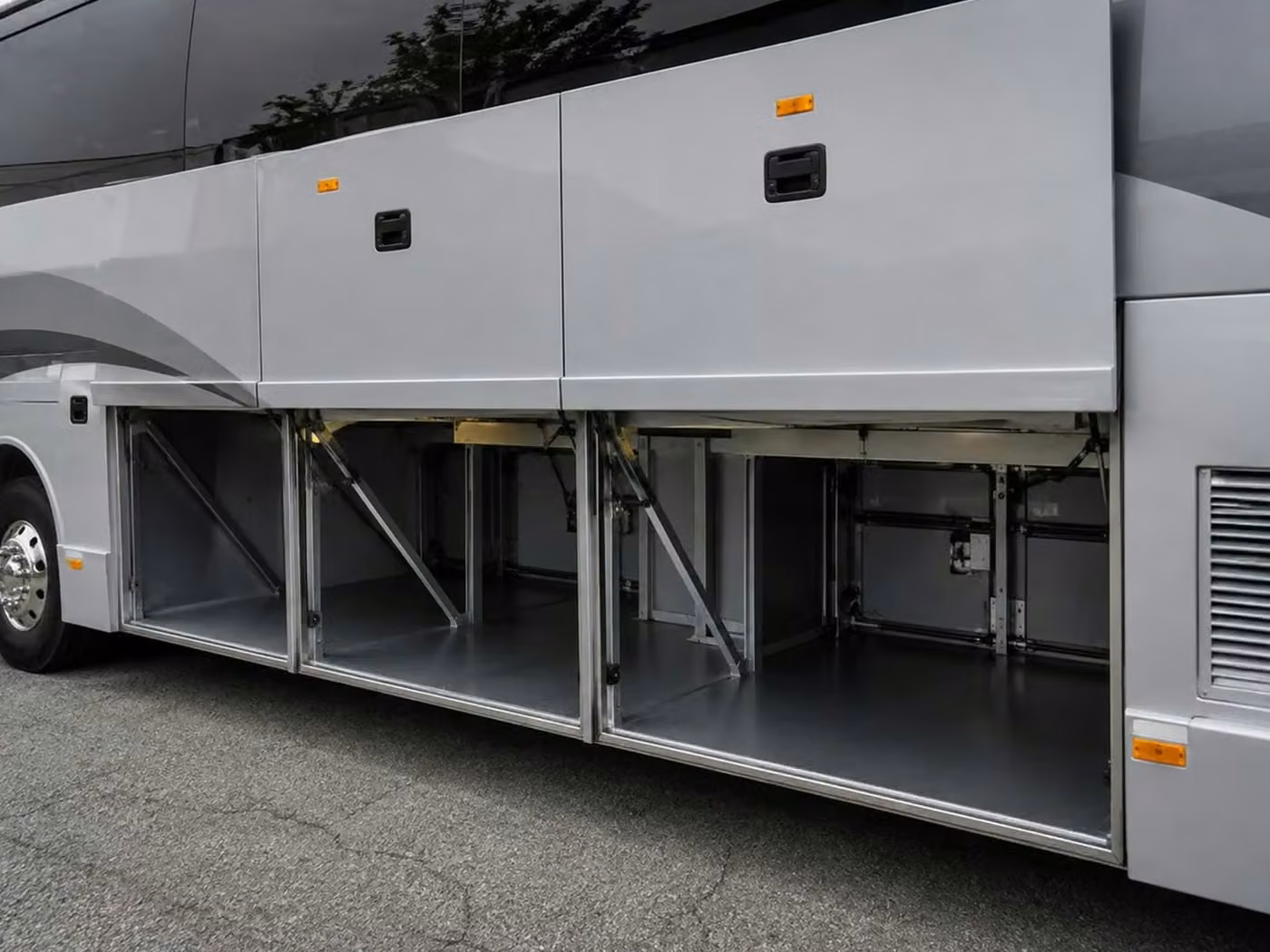 bell 56 passenger charter bus luggage bays