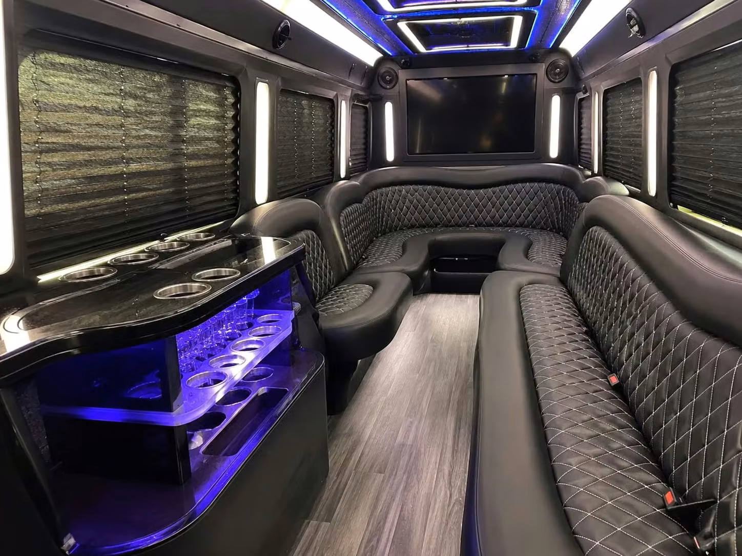 bell prom party buses with led lighting bluetooth sound and leather seating